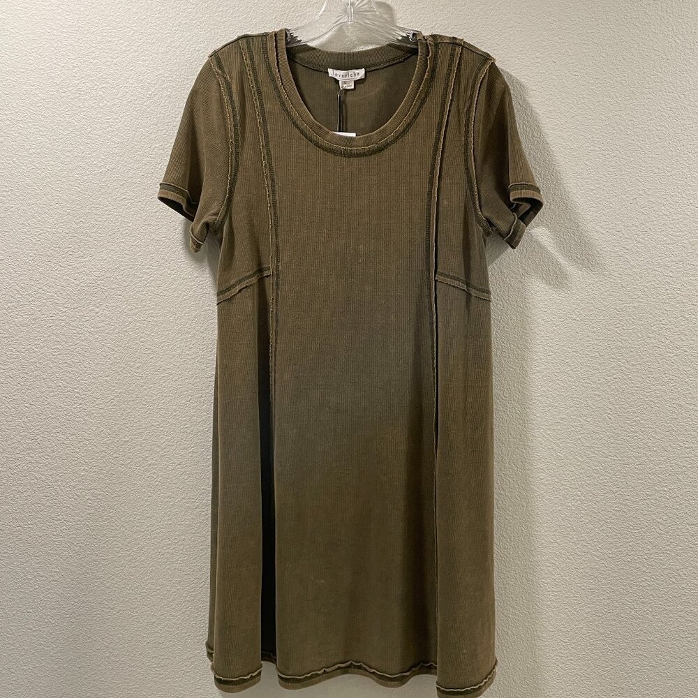 NWT LOVE RICHE Pieced Rib Knit Short Sleeve Casual Dress Olive Brown Women L